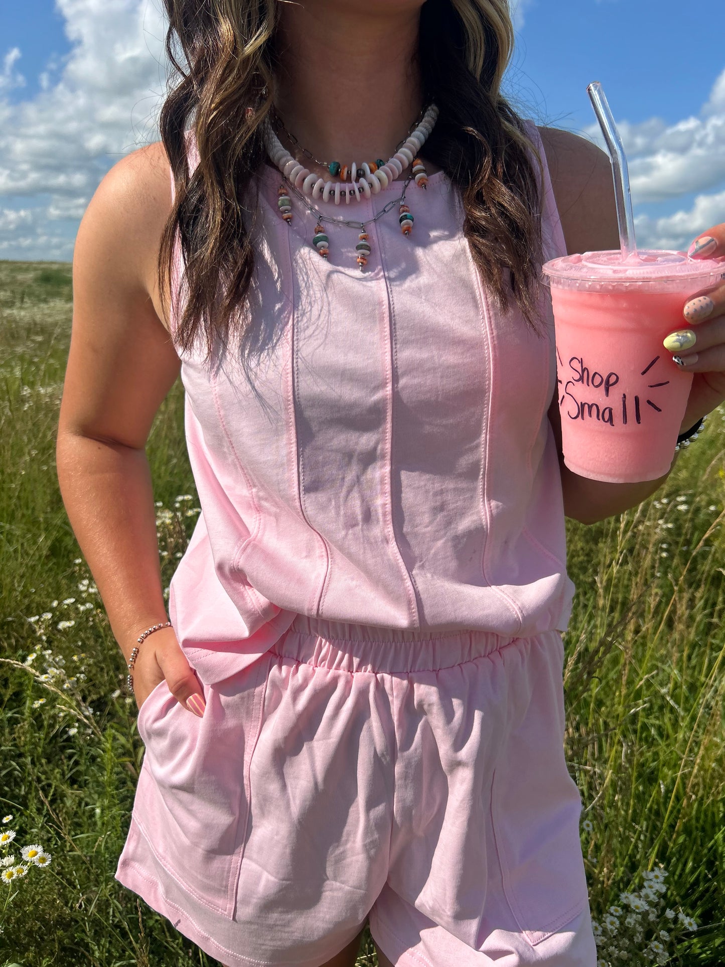 Light Pink Loose Tank Top Set