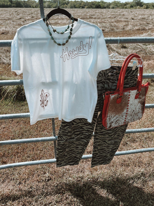 White Embroidered Howdy Tee