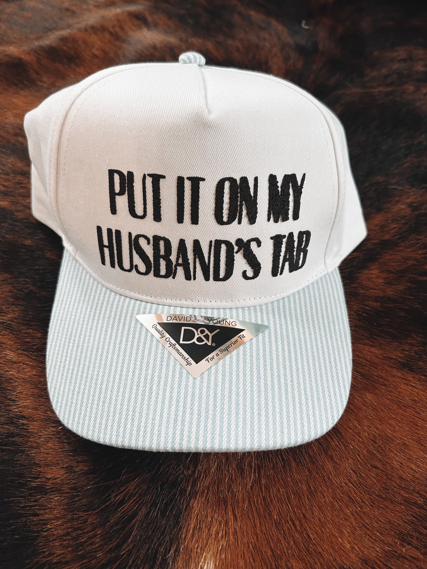 Put It On My Husbands Tab Blue Stripped Bill Hat