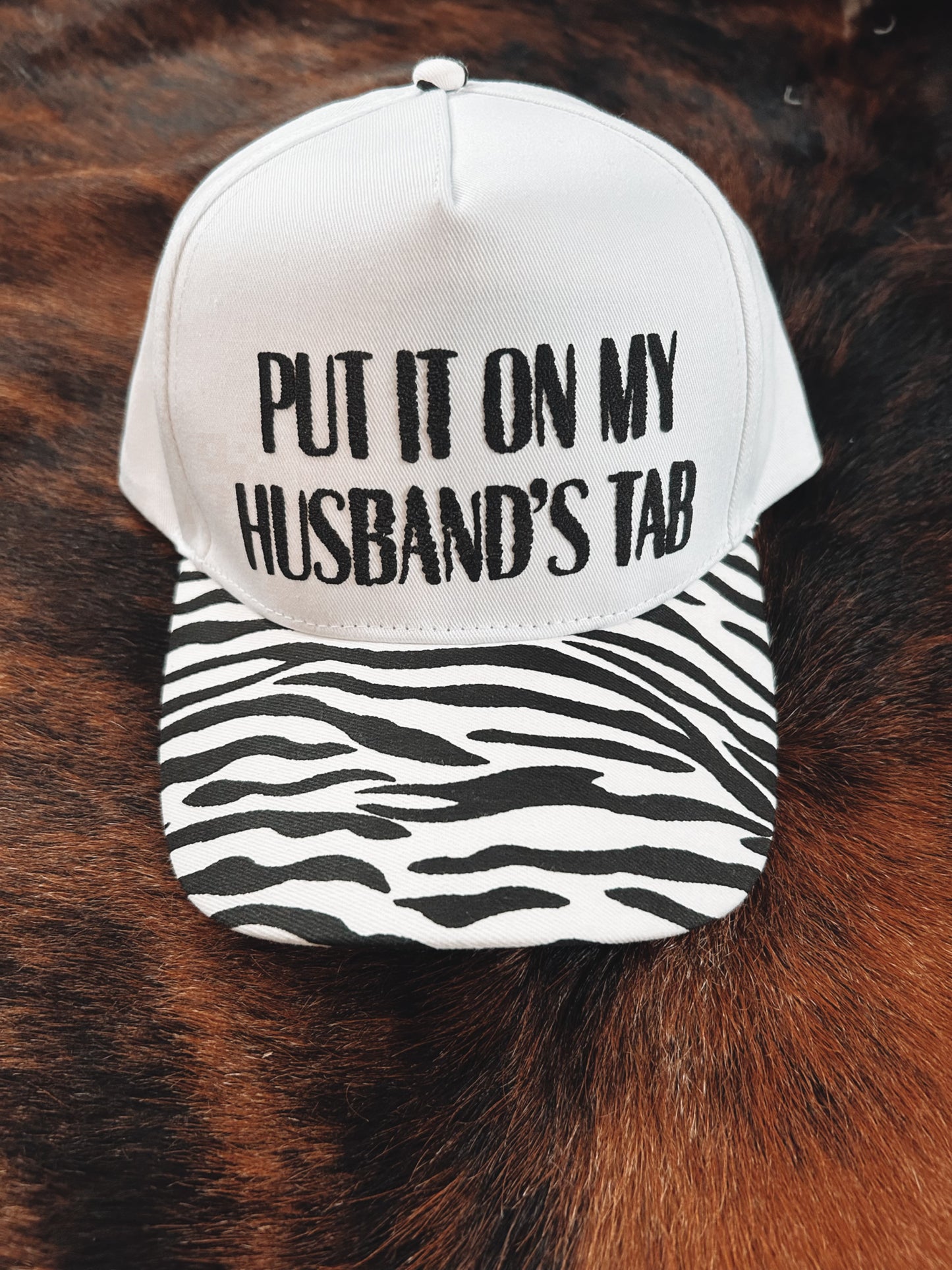 Put It On My Husbands Tab Zebra Print Bill Hat